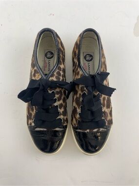 Lanvin Leopard-Print Ribbon Lace Sneakers in Brown and Black